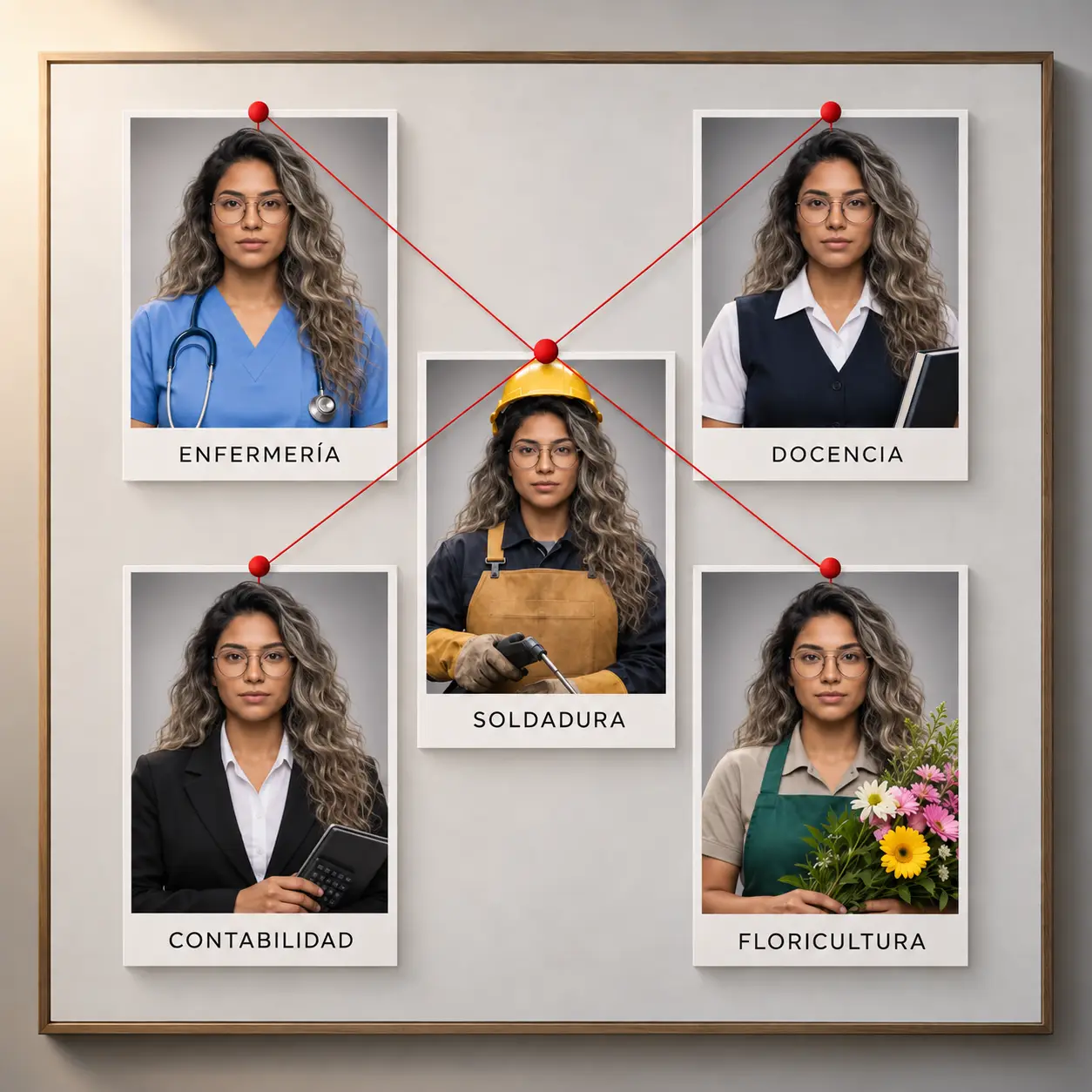 Tablero de casting: el mismo personaje latino en cinco oficios conectados con hilo rojo